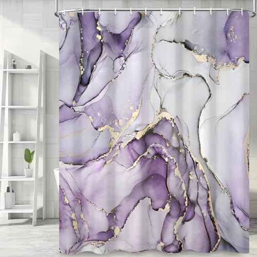 Purple Marble Shower Curtain, Modern Abstract Luxury Purple Gold Ink Texture Watercolor Art Bathroom Curtains Ombre Machine Washable Waterproof Fabric Bathtub Curtain Set with Hooks 60" Wx72 L
