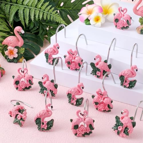Amyhill 12 Pcs Flamingo Shower Curtain Hooks Decorative Shower Curtain Rings Stainless Steel Resin Sea Theme Bathroom Decor Suitable for Home Bedroom