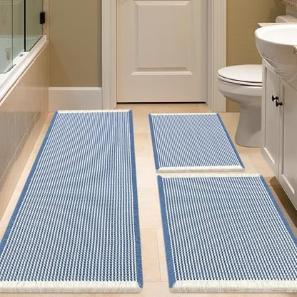 IM HOME Waffle Bath Mat Set 3 Piece Blue & Cream,Woven Modern Bath Rug Mats, Absorbent Non Slip Bath Floor Mat, Soft Washable Boho Bath Rugs with Tassels for Bathroom, Bedroom, Kitchen, Tub