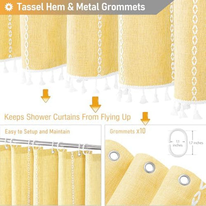 BTTN 60x72 Boho Farmhouse Linen Heavy Duty Cloth Shower Curtain Set, Yellow
