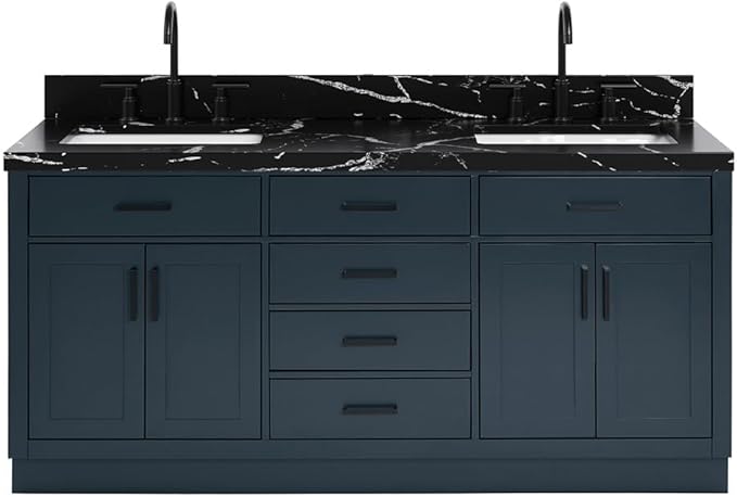 ARIEL Hepburn 72 Inch Double Rectangle Sink Bathroom Vanity with Nero Marquina Black Quartz Countertop 1.5 Inch in Midnight Blue