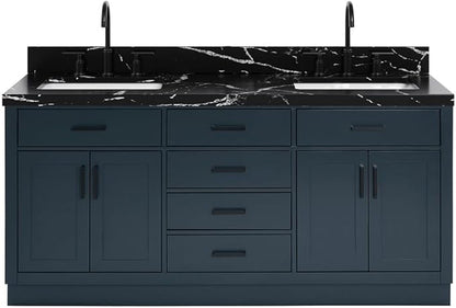 ARIEL Hepburn 72 Inch Double Rectangle Sink Bathroom Vanity with Nero Marquina Black Quartz Countertop 1.5 Inch in Midnight Blue