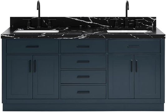 ARIEL Hepburn 72 Inch Double Rectangle Sink Bathroom Vanity with Nero Marquina Black Quartz Countertop 1.5 Inch in Midnight Blue