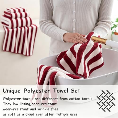 18 Pcs Red Stripe Bath Towel Set with Hanging Loop-6 Bath Towels,6 Hand Towels,6 Washcloths Soft Family Towels Set Bathroom Towel Highly Absorbent Quick Dry Shower Towel for Beach Chair Spa Gym Hotel