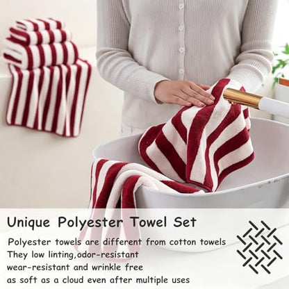 18 Pcs Red Stripe Bath Towel Set with Hanging Loop-6 Bath Towels,6 Hand Towels,6 Washcloths Soft Family Towels Set Bathroom Towel Highly Absorbent Quick Dry Shower Towel for Beach Chair Spa Gym Hotel