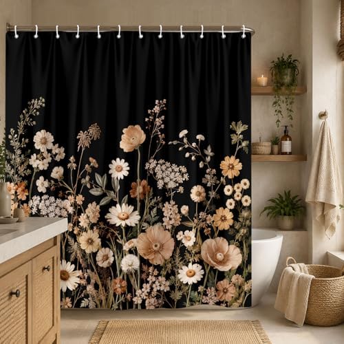 Black Floral Shower Curtain Set with Hooks 72X72, Rustic Wildflower Botanical Daisy Fabric Bath Curtain, Dark Vintage Farmhouse Boho Bathroom Decor, Waterproof Polyester Shower Curtains