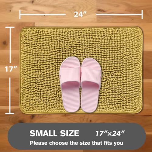 Mustard Bathroom Rugs – Absorbent and Washable Bath Mat, Non-Slip, Thick Soft Chenille Bath Rugs for Bathroom Floor, Shower, Sink - 17" x 24"