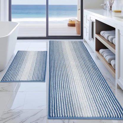 BSICPRO Bathroom Rugs Sets 2 Piece, Non Slip Striped Bath Mats, Sky Blue
