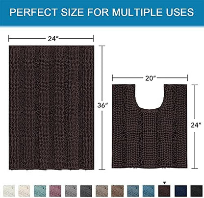 H.VERSAILTEX Bathroom Rugs Bath Rug Set 2 Piece Bathroom Contour Rug Toilet Mat Sets Non Slip Contour Bath Rug Ultra Thick Water Absorbent Striped Bath Mats(36" x 24" Plus 20" x 24" U, Chocolate)