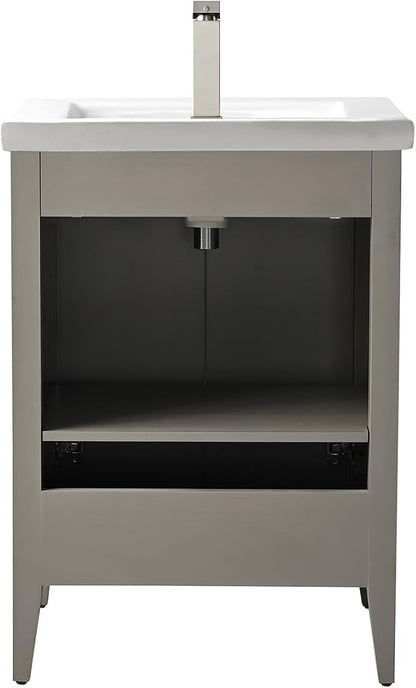 Vanity Art 24 inch Bathroom Vanity with Single Sink & Ceramic Top, Vanity Cabinet with Soft-Closing Door, Solid Wood Frame, Linear Pattern, Driftwood Gray, VA9124-DG-MB,Matte Black Handles