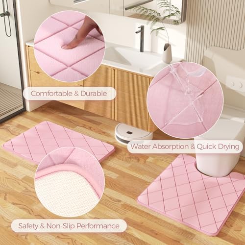 Pink Bathroom Accessories Set - Bathroom Set with Shower Curtain and Rugs, Trash Can, Toilet Brush with Holder, Soap Dispenser, Toothbrush and Toothpaste Holder, Cup, Soap Dish, Qtip Holders
