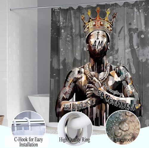 Black King Shower Curtain Set with Hooks, Powerful African American Praying Man Shower Curtains with Rugs Toilet Lid Cover Bath Mat, Cool Black Man Waterproof Bathroom Decor Shower Curtain Sets