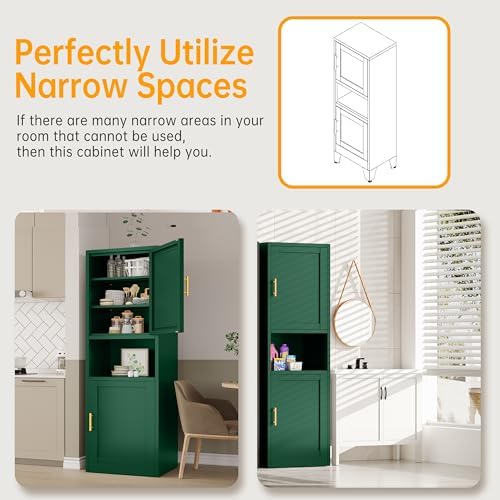 Ckzbx Tall Narrow Storage Cabinet 66.93" H Tall Bathroom Cabinet Metal Pantry Cabinets, 4 Adjustable Shelves for Kitchen, Home Office, Living Room, Dinning Room (20 inches Wide Green)