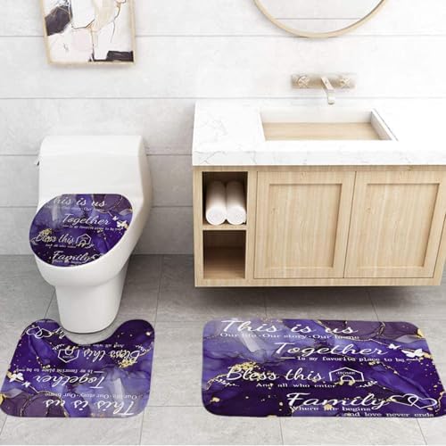 4Pcs Family Marble Shower Curtain Sets with Rugs
