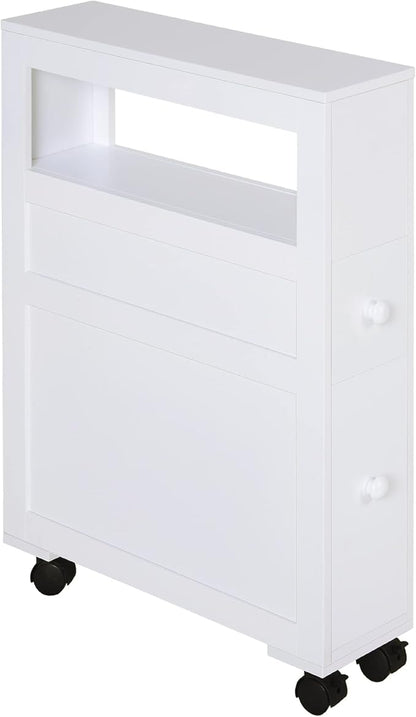 HOMCOM 6.25" x 20.5" x 28.25" Wood Rolling Narrow Bathroom Side Storage Cabinet - White