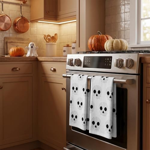 2 Pack Halloween Hand Towels 100% Cotton Jacquard Skeleton Halloween Kitchen Towels White Bathroom Towels Set Seasonal Bathroom Decor(White Skeleton, Halloween)
