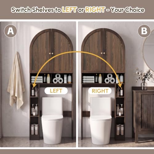 HMstone Over The Toilet Storage Cabinet, Arched Bathroom Organizer and Storage with Doors and Adjustable Shelf, Space-Saving Freestanding Bathroom Modern Storage Cabinet Over Toilet (Walnut)