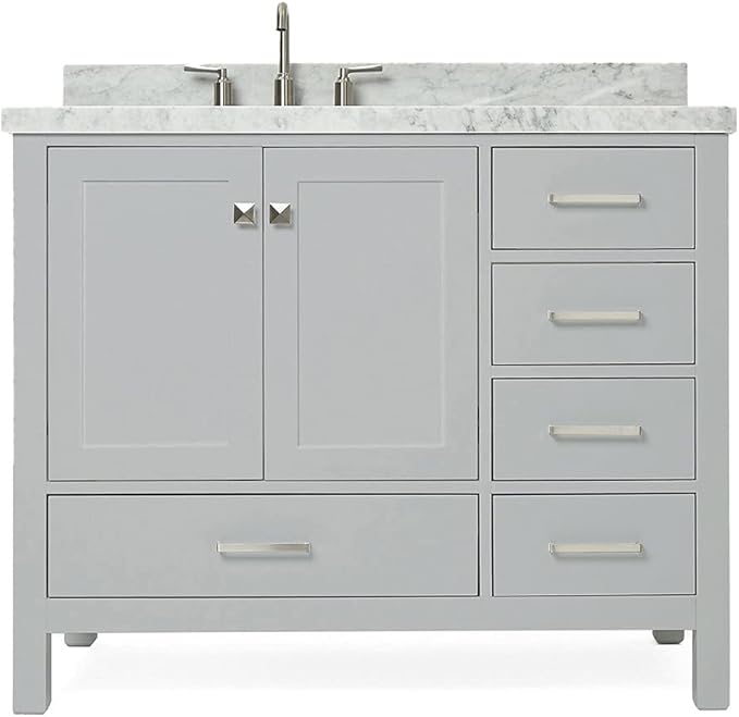 ARIEL Cambridge 42-inch Bathroom Vanity with Sink,Solid Wood, 1.5-inch Italian Carrara Marble Countertop & Backsplash, Single Oval Porcelain Sink, 2 Soft Closing Doors, 5 Dovetail Drawers, Grey
