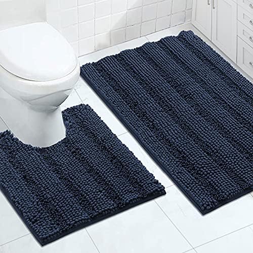 2-Piece Bathroom Rug Set with U-Shaped Mat, Soft Absorbent Chenille, Navy