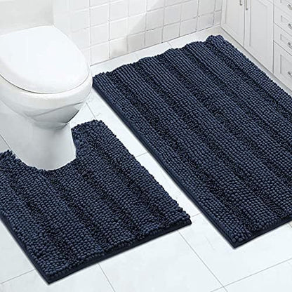 2-Piece Bathroom Rug Set with U-Shaped Mat, Soft Absorbent Chenille, Navy
