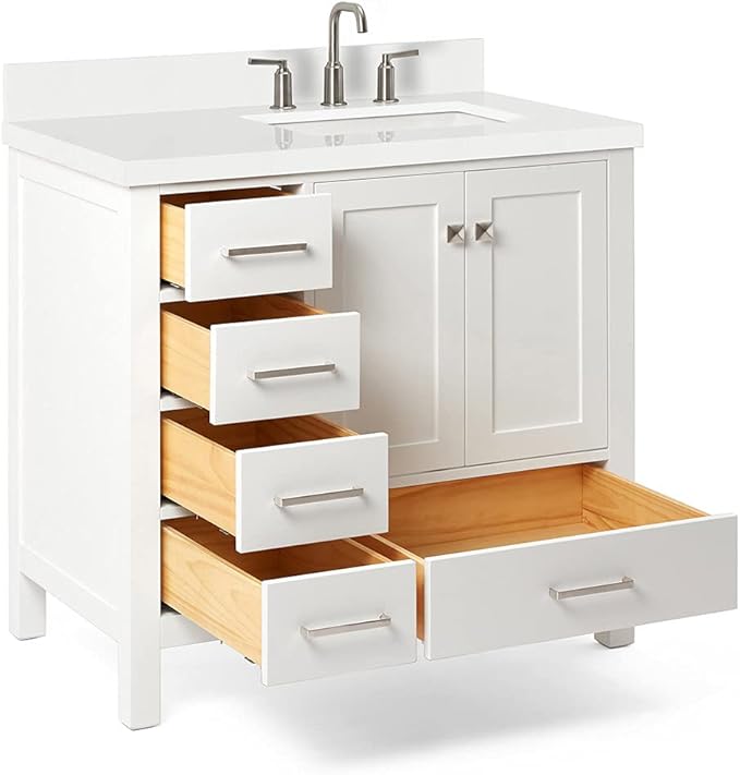 ARIEL Cambridge 36-inch Bathroom Vanity with Sink,Solid Wood, 1.5-inch Pure White Quartz Countertop & Backsplash, Single Rectangular Porcelain Sink, 2 Soft Closing Doors, 5 Dovetail Drawers, White