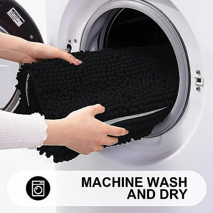 Grandaily Chenille Striped Bathroom Rugs 30x20, Extra Thick and Absorbent Bath Mats, Non-Slip Soft Plush Shaggy Shower Carpet, Machine Wash Dry, Bath Rug for Bathroom, (Medium, Black)