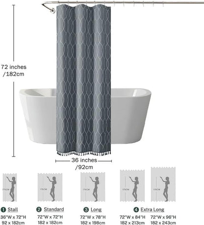 OVZME Dark Grey Stall Shower Curtain for Bathroom, Puff Printed Textured Shower Curtain with Tassels, Geometry Heavy Duty Vintage Country Narrow Bathroom Curtain, Water Resistant Fabric, 36Wx72L