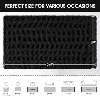 Upgraded Waffle Bath Mat, 36"x24" Black-Herringbone, Super Absorbent Non-Slip Quick Dry Bathroom Rugs with Tassels, Machine Washable Ultra Soft Boho Bath Rugs, Toilet Mats Boho Farmhouse Decor