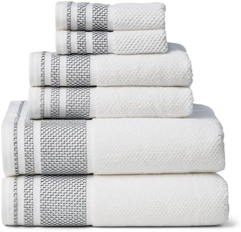 Texere 100% Organic Cotton Rice Weave Jacquard 700 GSM Luxury Bath Towel Sets - 2 Large Bath Towels, 2 Hand Towels, 2 Washcloths (Rice Weave, BRT Wht w/Blk, 6 Piece)
