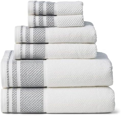 Texere 100% Organic Cotton Rice Weave Jacquard 700 GSM Luxury Bath Towel Sets - 2 Large Bath Towels, 2 Hand Towels, 2 Washcloths (Rice Weave, BRT Wht w/Blk, 6 Piece)