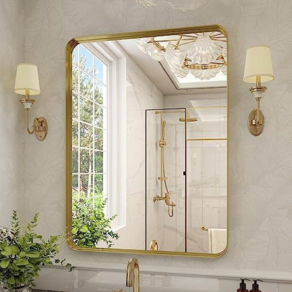 VooBang Bathroom Mirror 30x40 inch, Gold Gorgeous Deep Frame Wall Mirror, Modern Round Corner Bathroom Vanity Mirror for Bedroom, Living Room, Hanging or Leaning Horizontal or Vertical, Gold