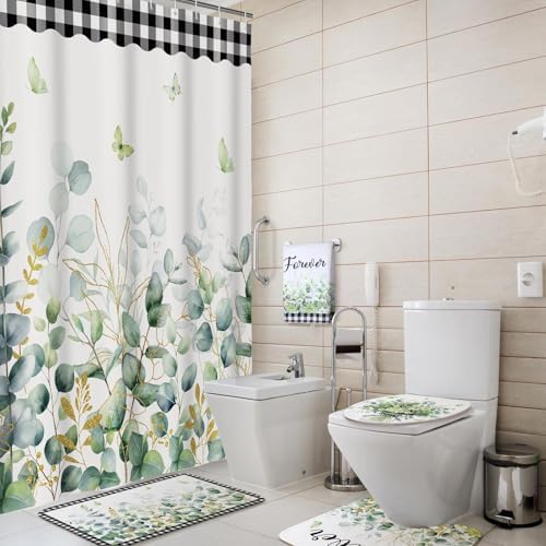 Honoson 8 Pcs Sage Green Eucalyptus Shower Curtain Set with Rugs