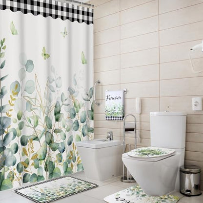 Honoson 8 Pcs Sage Green Eucalyptus Shower Curtain Set with Rugs
