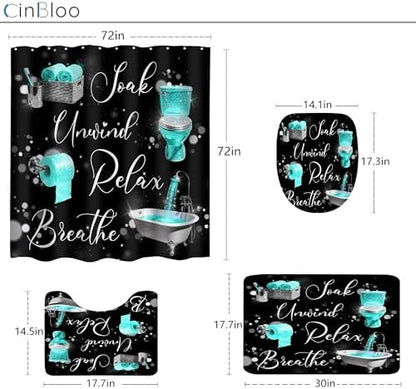 Teal Black Funny Quotes Positive 4Pcs Bathroom Shower Curtain Set with Rugs