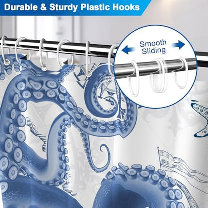Ocean Theme Nautical Shower Curtain Set with 12 Hooks, Waterproof Bathroom Shower Curtain with Weighted Hem, Machine Washable Navy Blue Octopus Fabric Shower Curtains for Bathroom, 72"W x 72"L