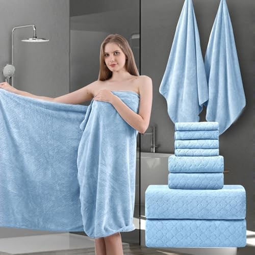 8-Piece Blue Bath Towels Set,2 Oversized Large Bath Towels Sheet,2 Hand Towels and 4 Washcloths - 600 GSM Soft Luxury Towel Set,Highly Absorbent Quick Dry Towel Collection for Bathroom,Hotel and Spa