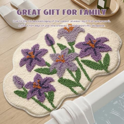 Cloud-Shaped Lily Bath Mat, Soft Non-Slip Fluffy Fresh Flowers Bathroom Rug, Ultra Absorbent Microfiber Shaggy Door Mat, Machine Washable Bath Rug Carpet for Bathtub Bedroom 20x31 Inch (Purple Lily)