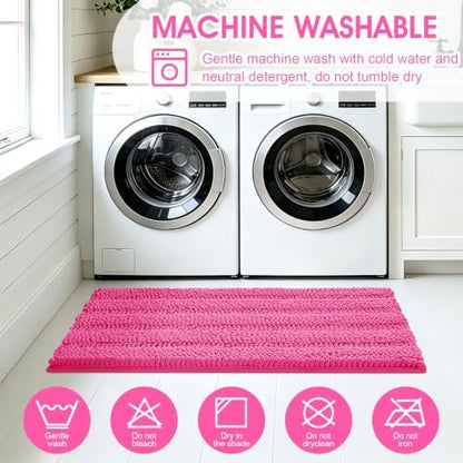 ACCUMTEK Christmas Striped Hot Pink Bathroom Rug Set 3 Pieces Ultra Soft, Non Slip Chenille Toilet Mat, Absorbent Plush Shaggy Bath Mats for Bathroom, Bedroom, Kitchen, Peach