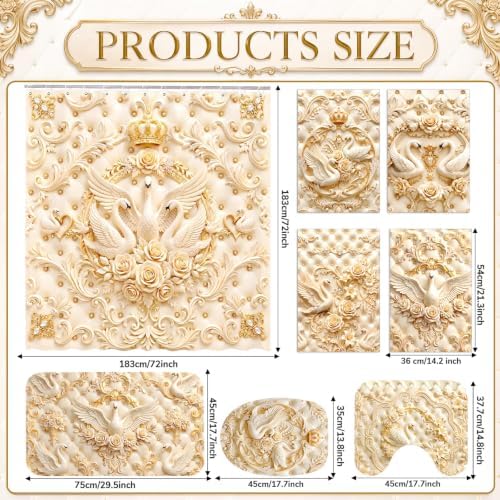 FuWeave 8 Pcs Gold Crown Swan Shower Curtain Set for Bathroom Include 3D Luxury Floral Swan Relief Pearl Shower Curtain Towels Non Slip Rugs Toilet Lid Cover Bath Mat and 12 Hooks for Bathroom Decor