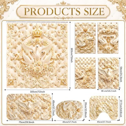 FuWeave 8 Pcs Gold Crown Swan Shower Curtain Set for Bathroom Include 3D Luxury Floral Swan Relief Pearl Shower Curtain Towels Non Slip Rugs Toilet Lid Cover Bath Mat and 12 Hooks for Bathroom Decor