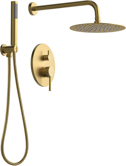 10" High-Pressure Rainfall Shower System with Handheld Spray, Wall Mount Bathroom Shower Faucet Set (Brushed Gold)