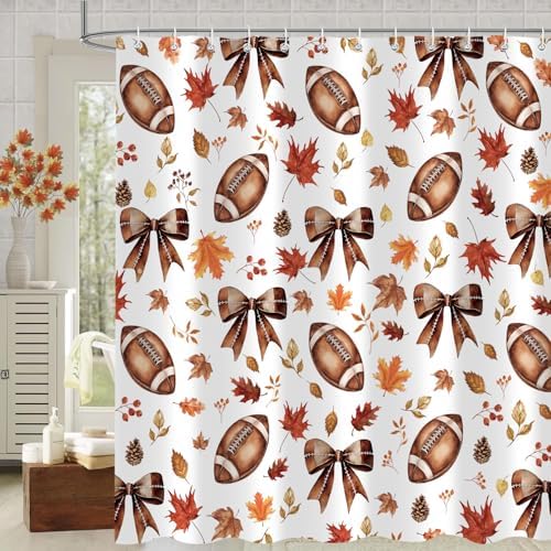 Fall Shower Curtain, Football Maple Leaves Bow Autumn Thanksgiving Funny Bathroom Decor, 72 x 72 Inch Polyester Fabric Waterproof Bathroom Curtain with 12 Hooks
