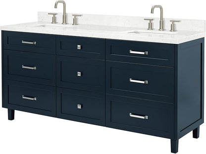 ARIEL Monroe 72-inch Bathroom Vanity with Sink,Solid Wood, 1.5-inch Carrara White Quartz Countertop & Backsplash, Double Oval Porcelain Sink, 9 Dovetail Drawers, Brushed Nickel, Midnight Blue