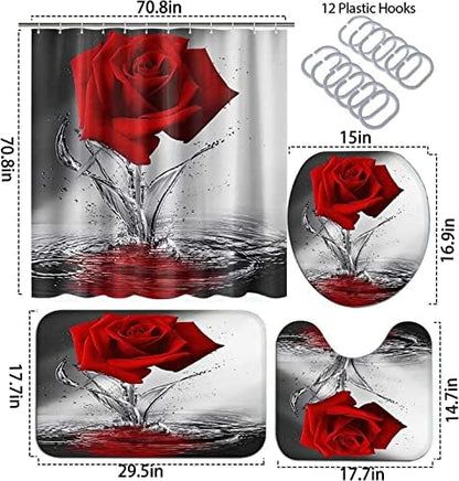 4Pcs Red Rose Shower Curtain Sets, Romantic Water Red Rose Bathroom Sets with Shower Curtain and Rugs Toilet Lid Cover Bath Mat, Waterproof Fabric Shower Curtains with Hooks