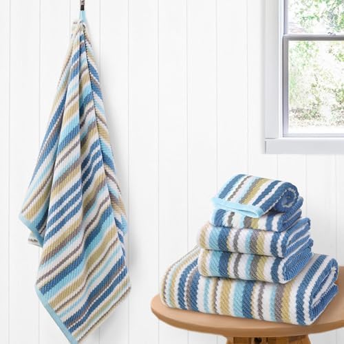VOOVA & MOVAS Striped Towels 6 Pack, 100% Cotton, Blue Gray Beige