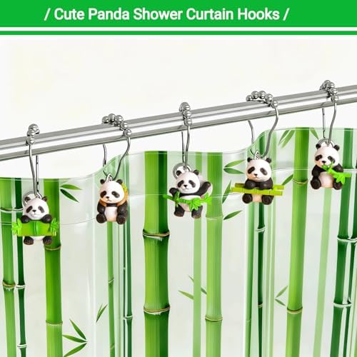 12Pcs Bamboo Panda Shower Curtain Hooks Decorative for Curtain Rods, Cute Animals Shower Curtain Rings, Silver Stainless Steel Metal Shower Curtain Hanger Hooks, Green Kids Bathroom Decor Accessories