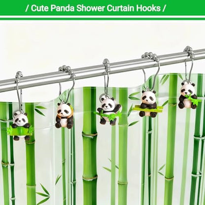 12Pcs Bamboo Panda Shower Curtain Hooks Decorative for Curtain Rods, Cute Animals Shower Curtain Rings, Silver Stainless Steel Metal Shower Curtain Hanger Hooks, Green Kids Bathroom Decor Accessories