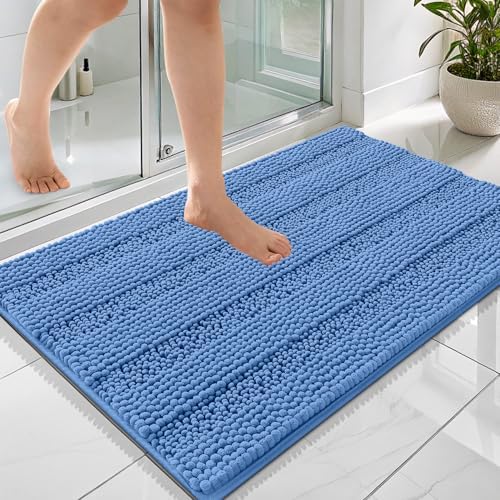 OLANLY Thick Bathroom Rugs 36x24, Soft Chenille Bath Rugs, Cornflower Blue
