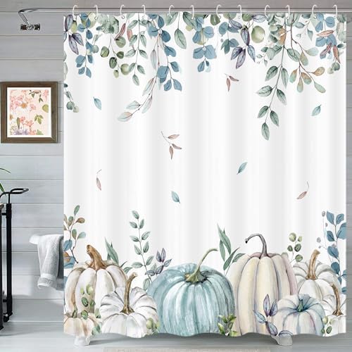 Pumpkin Fall Shower Curtains for Bathroom, Eucalyptus Leaves Watercolor Pumpkins Shower Curtain Sets, Autumn Botanical Seasonal Bathroom Decor Bathtub Waterproof Polyester Fabric with Hooks, 72x72