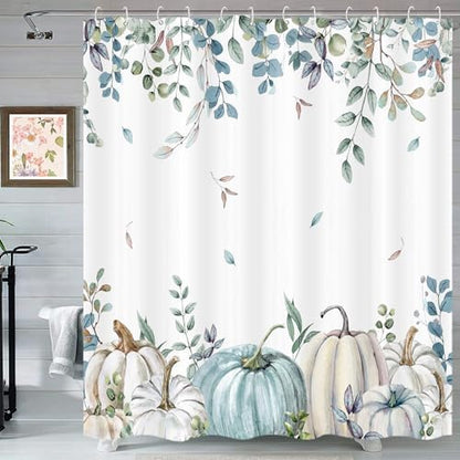 Pumpkin Fall Shower Curtains for Bathroom, Eucalyptus Leaves Watercolor Pumpkins Shower Curtain Sets, Autumn Botanical Seasonal Bathroom Decor Bathtub Waterproof Polyester Fabric with Hooks, 72x72